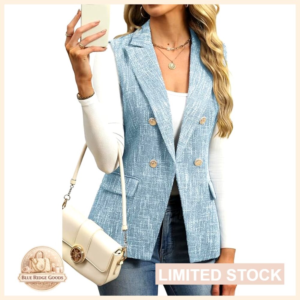 Textured Light Blue Sleeveless Blazer Vest
